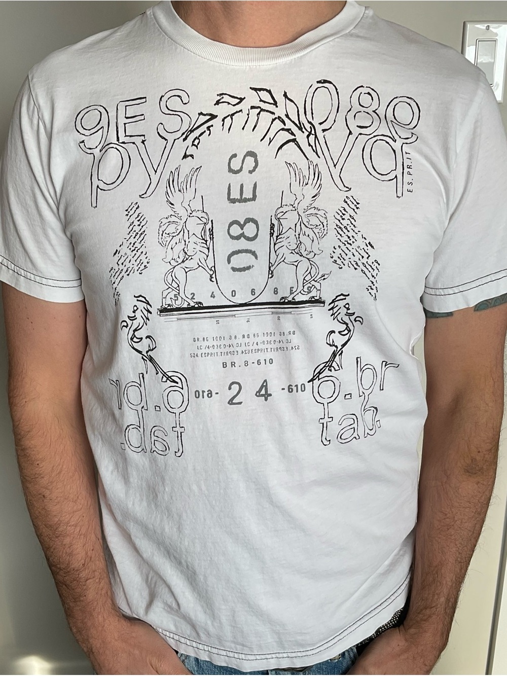 Esprit White Short Sleeve Tee with Black Crest Graphic